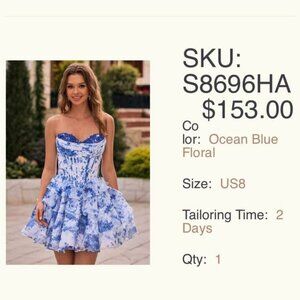A-line Cowl Neck Blue Floral Print Strapless Lace-Up Corset Homecoming Dress